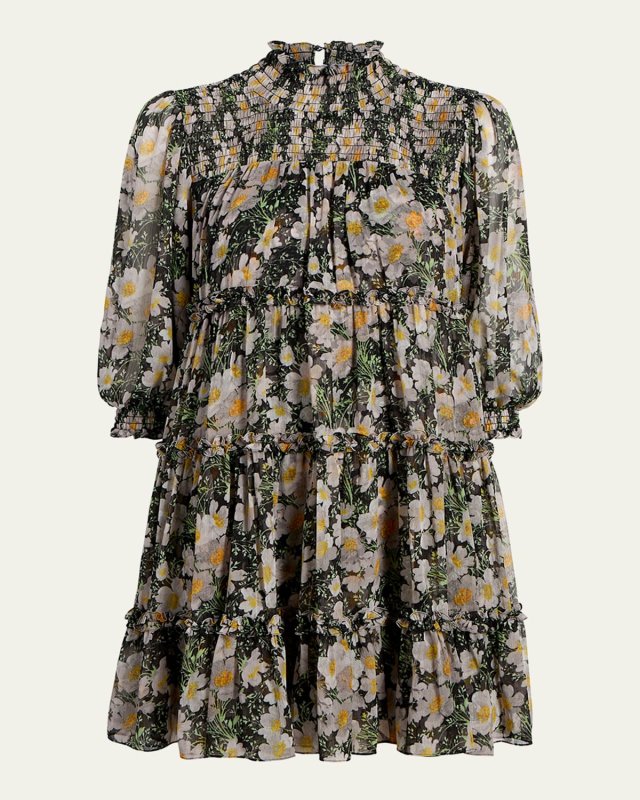 Olive Smocked Cosmo-Flower Mini Dress